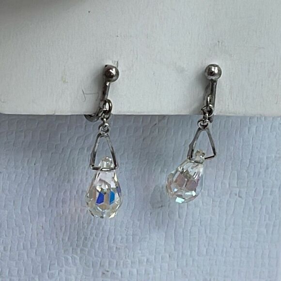 Vintage Sterling silver teardrop AB coated faceted crystal earrings. - Picture 1 of 6